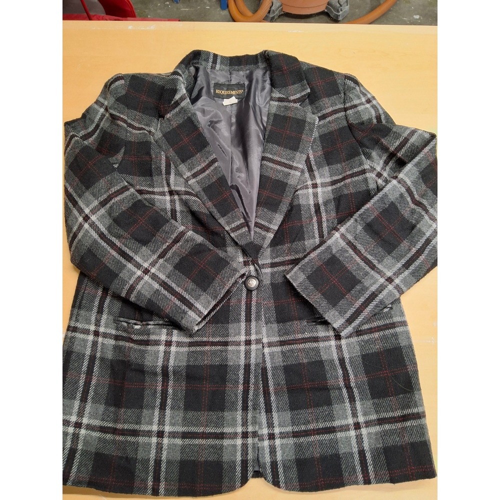 Requirements Vintage Plaid Blazer Womens 10 Grey Black Red Wool Blend Button Up